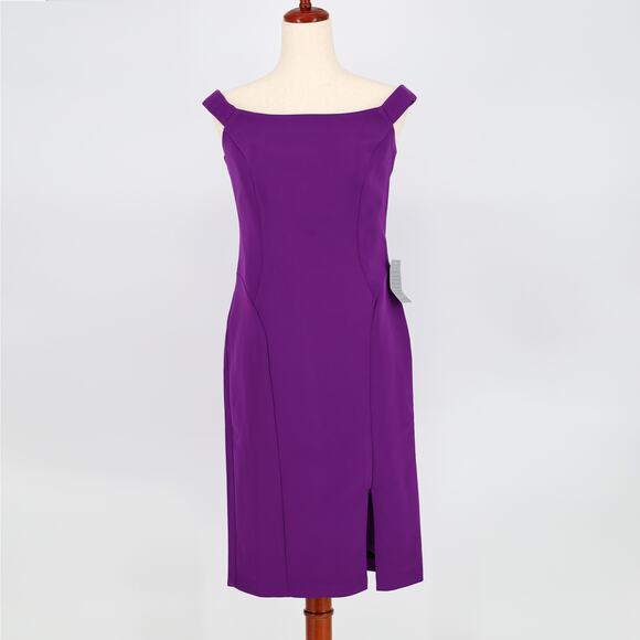 Marina Women Purple Off-The-Shoulder Shift Stretch Midi Cocktail Dress Size 4 - Picture 2 of 5